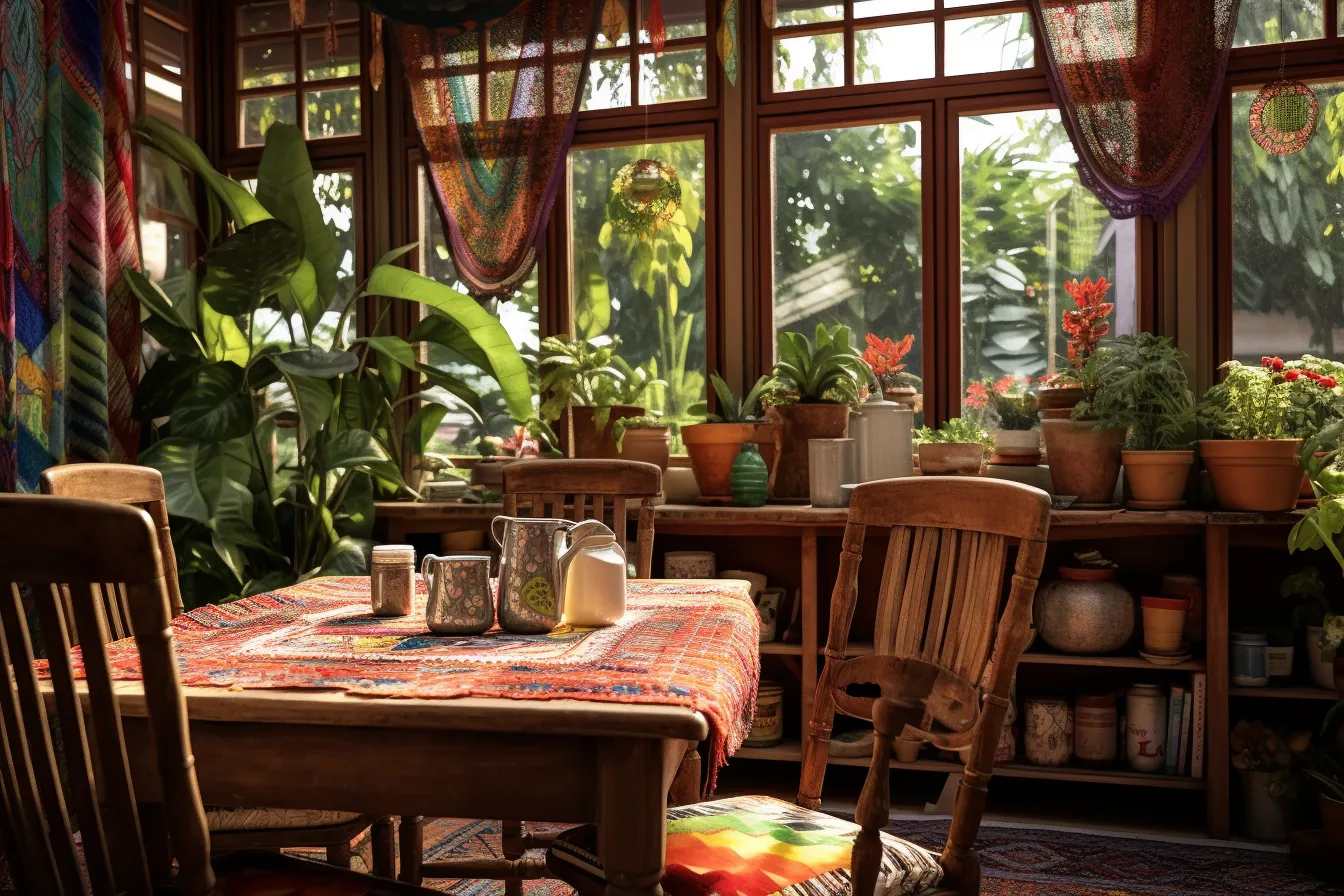 Crockery on a dining room table, mysterious jungle, nostalgic atmosphere