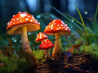 Ten Red Mushrooms Sitting In A Dark Woodland With Dew Drops On Top