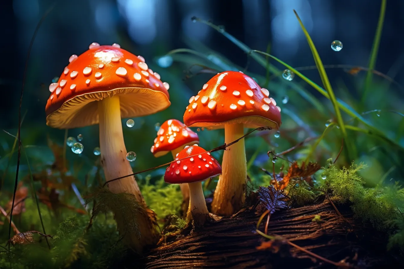 Ten red mushrooms sitting in a dark woodland with dew drops on top, colorful fantasy, national geographic photo, light indigo and orange, high quality photo, miniaturecore, high dynamic range, fantasy-based