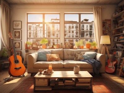 There Is A Large Window In The Living Room With A Guitar