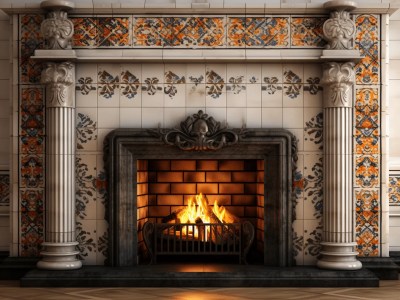 This Is A Fireplace Made From Tiles That Are In Style Ornately Decorated