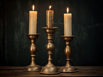 Three Old Style, Brass Candle Holders In A Dark Background