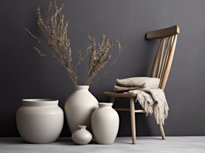 Three Vases In A Dark Room With A Chair And A Blanket