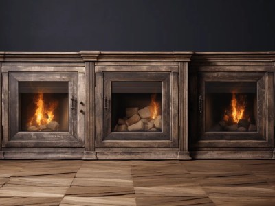 Three Wooden Fireplace Units In Front Of A Dark Background