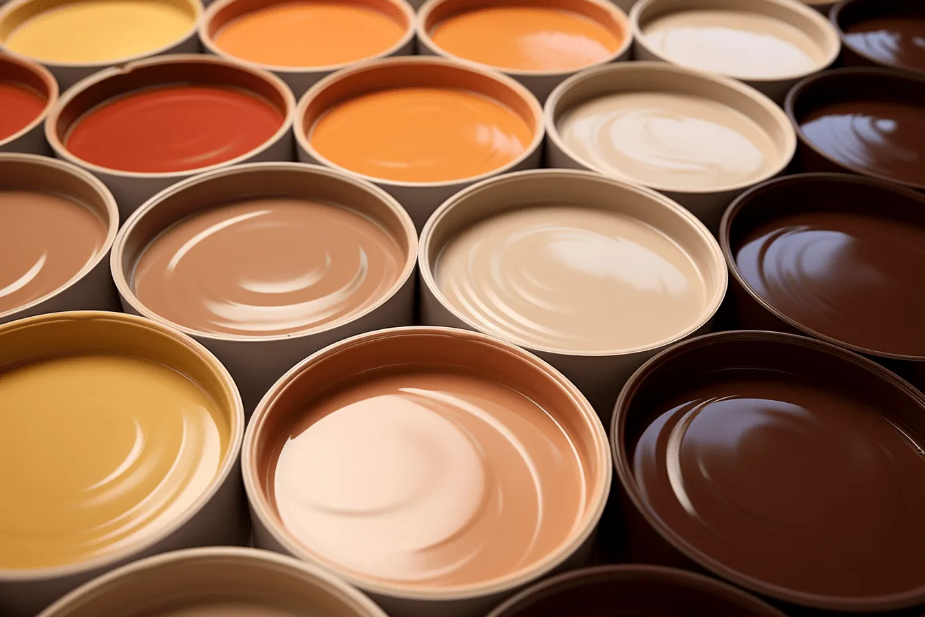 These different colored paint colors are lined up, light orange and brown, tilt shift, brown and beige, commercial imagery, circular shapes, bold colorism, plastic