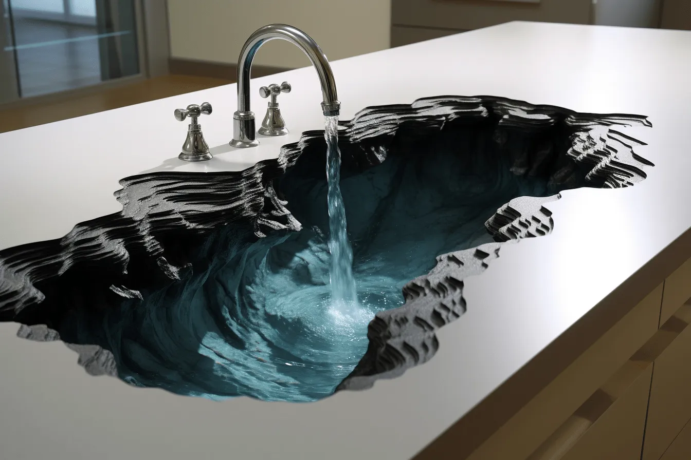 2 sinks for the most fabulous kitchen designs, surreal 3d landscapes, gelatinous forms, dark silver and aquamarine, realistic detail, environmental installation artist, energy-filled illustrations, recycled