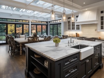 Traditional Kitchen With A Black Island And Large Ceilings