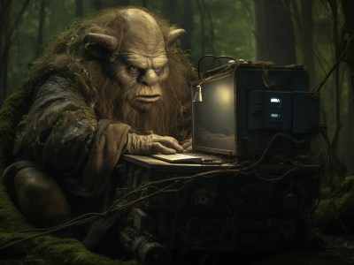 Troll Sits Behind A Laptop In The Woods