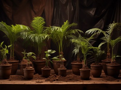 Tropical Plant Set With Pots In Front Of A Dark Background