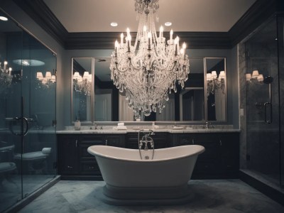 Tub That Is Hanging Next To A Chandelier