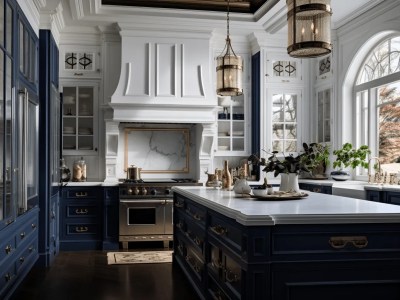 Two Blue Kitchen Islands Along With White Cabinetry And Gold Hardware