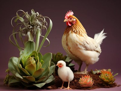 Two Chickenes Standing Next To Succulent