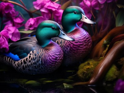 Two Ducks Are Standing In The Water With Purple Flowers