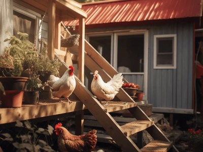 Two Hens Stand On The Front Porch Of A Chicken Coop