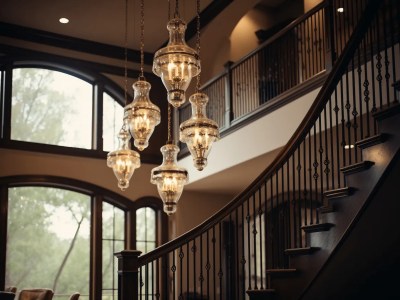 Two Large Chandeliers Hang Above Stairs In A Family Room