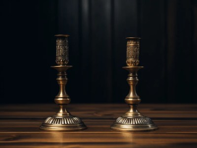 Two Metal Candlesticks On A Table