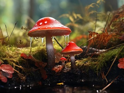 Two Mushrooms In A Mossy Area