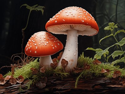 Two Orange Mushrooms On A Log In A Forest