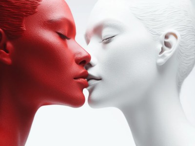 Two Painters In Red And White Kissing Each Other