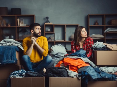 Two People Sitting On Boxes Surrounded By