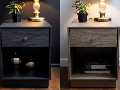 Two Photos Of A Couple Of Different Styled Nightstands In The Same Room