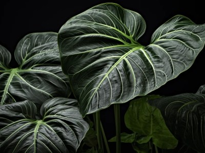 Two Plants With Large Leaves And Black Background