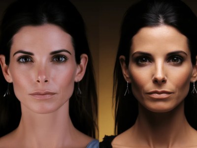 Two Portraits Of A Woman With Dark Brown Hair And Dark Eyes