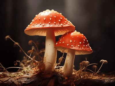 Two Red Mushrooms Sit On Top Of Rotten Leaves With Light Reflecting Off Of Them