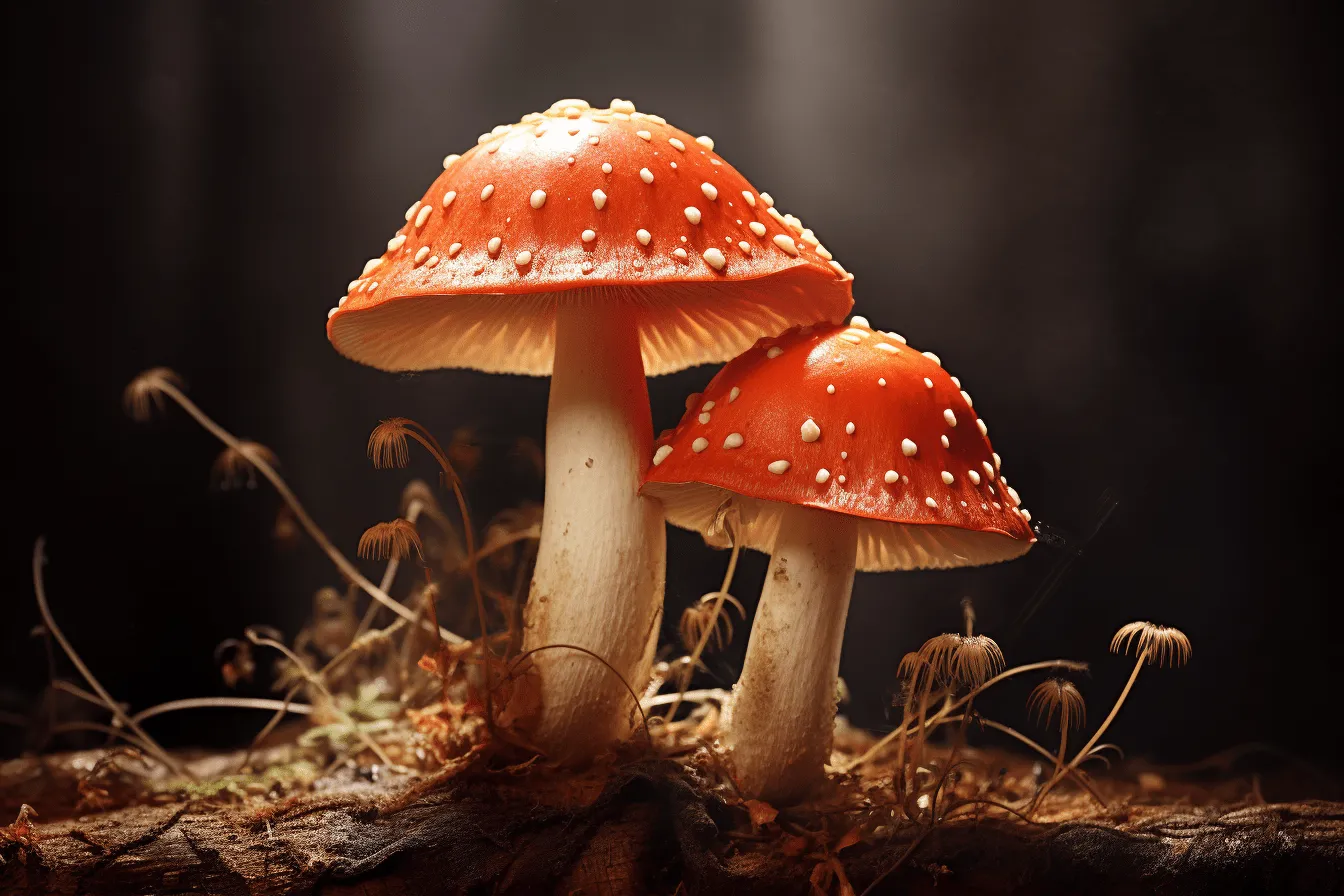 Two red mushrooms sit on top of rotten leaves with light reflecting off of them, dreamy symbolism, orange, dotted, mushroomcore, national geographic photo, fantasy creatures, use of precious materials