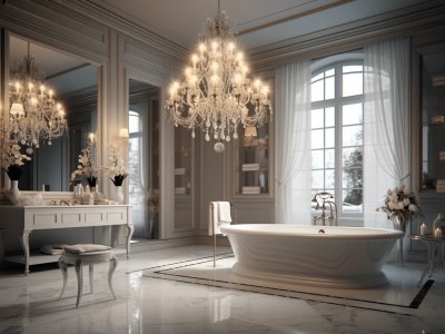 Very Classy, Luxury Bathroom With A Chandelier And Tub