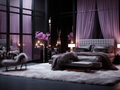 Very Dark Bedroom With Purple Carpets And Furniture