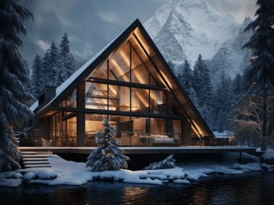 Very Modern Cabin By The Lake During The Winter