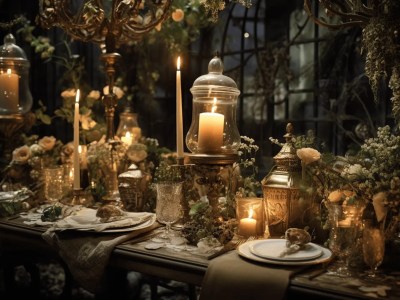 Vintage Dining Table Setting In A Dark Room With A Chandelier And Some Candles