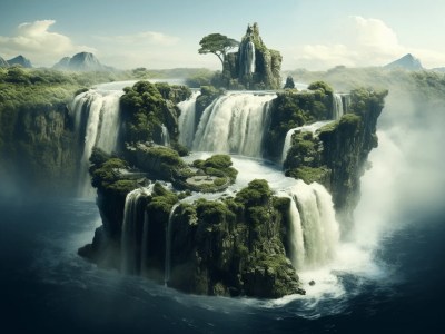 Waterfall With A Small Island In The Middle Of The Water