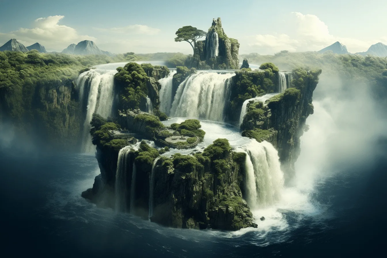 Waterfall that is on a island with trees in it, surrealist fantasy landscapes, matte painting, national geographic photo, grandiose ruins, terragen, expansive, multi-layered