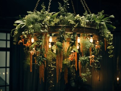 Wedding Chandelier With Green Foliage In A Dark Room