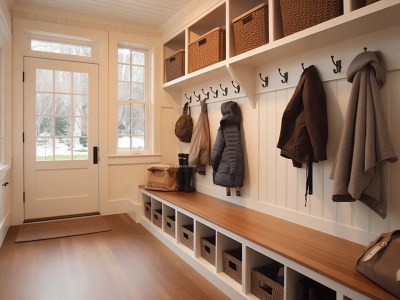 White Closet With Wooden Bench And Coat Racks