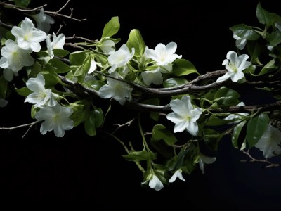 White Flowers Are Blooming On An Overgrown Branch Against A Black Background