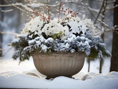 White Flowers In A Snow Covered Stone Pot