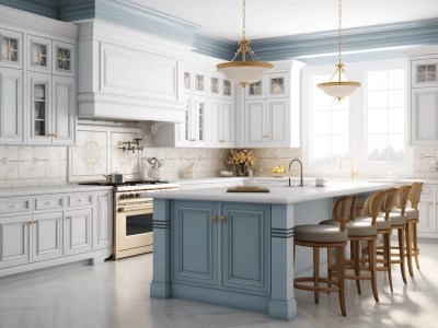 White Kitchen Design And Ideas With A Light Blue Island