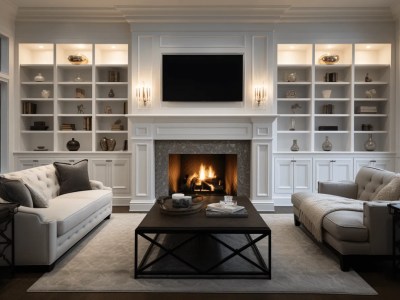 White Living Room With A Fireplace And Bookshelves