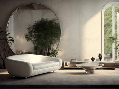 White Living Room With A Round Mirror In The Center