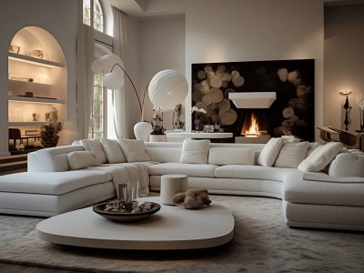 White Sectional Sofa With Round Fireplace