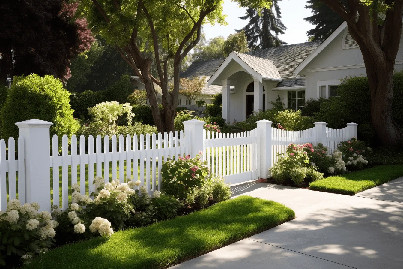 White fence with hedges and red flowers, soft focal points, colorful sidewalk scenes, precisionist lines and shapes, sunrays shine upon it, rounded, exacting precision