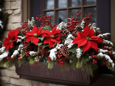 Window Box Filled With Red Flowers And Snowflakes