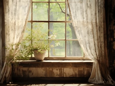 Window Open To A Green Tree And White Curtain