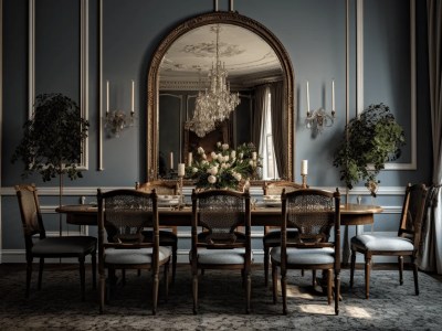 With A Large Mirror, An Elegant Dining Room Appears Inside A Blue Room