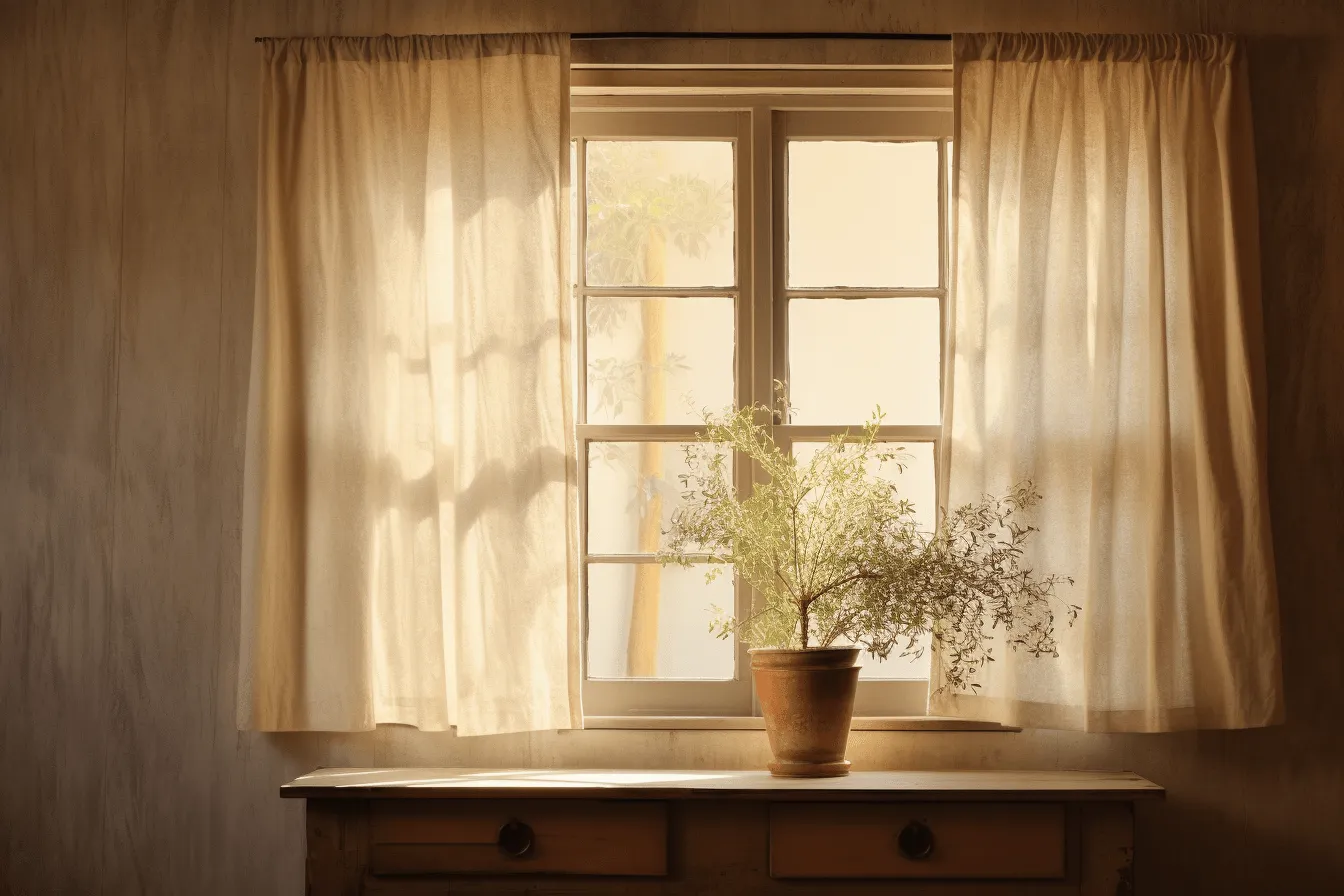 Window is open, serene atmosphere, beige, light yellow and beige, soft light