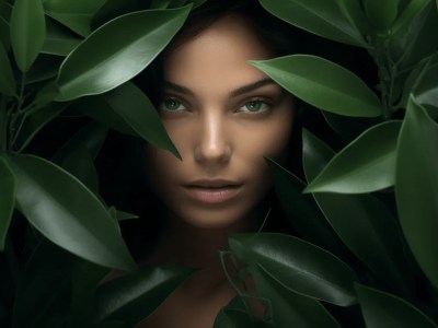 Woman Hidden Behind Some Leaves With Green Eyes