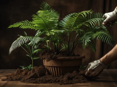 Woman In Gloves With A Pot Growing Ferns And Palms